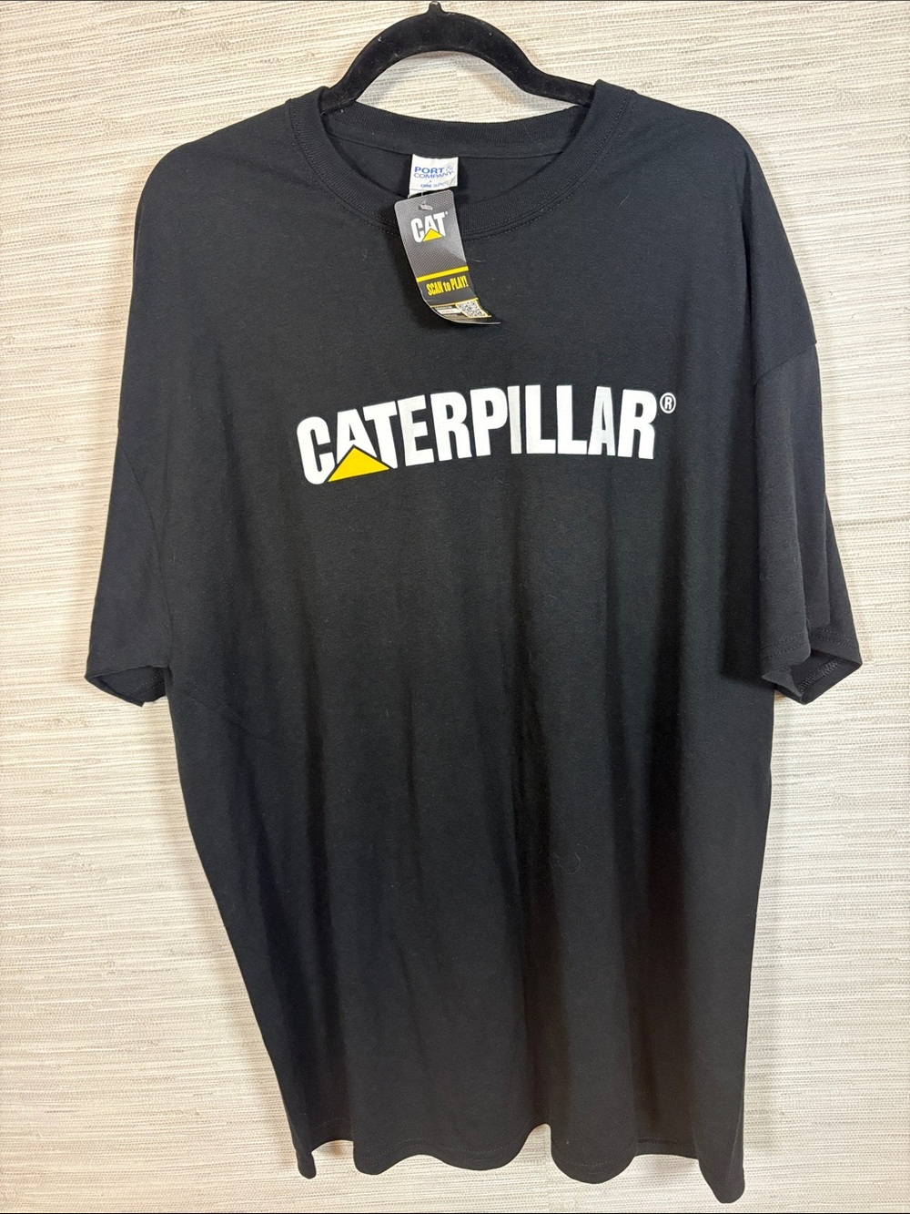 Caterpillar Black Tee with White Logo and Yellow Accent